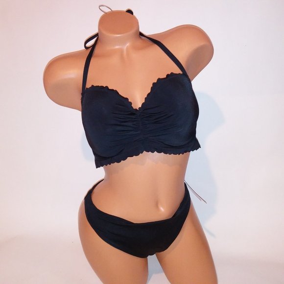Victoria‎ Secret Swim Bikini 38C Top XL Bottom Black Solid Scallop Trim Lightly - Picture 4 of 10